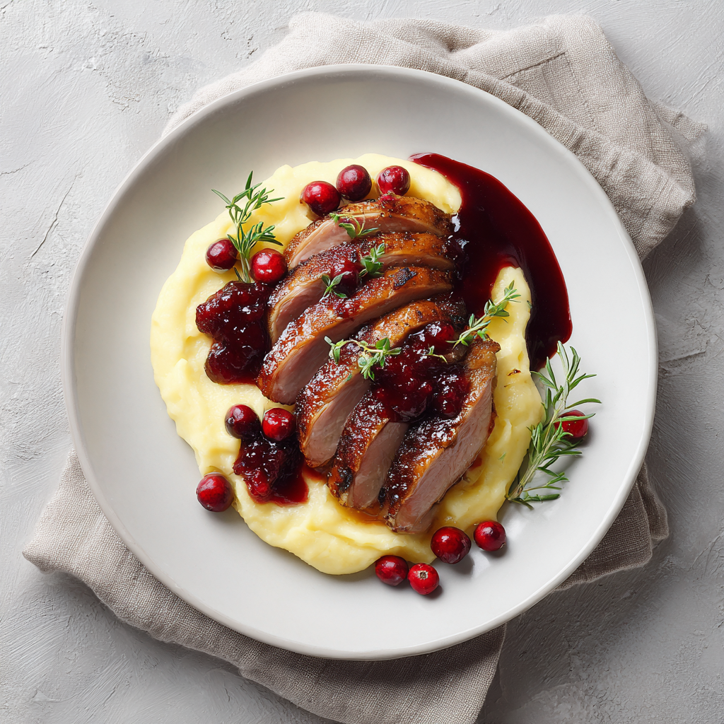 Pieczony filet z kaczki podawany z żurawiną i puree