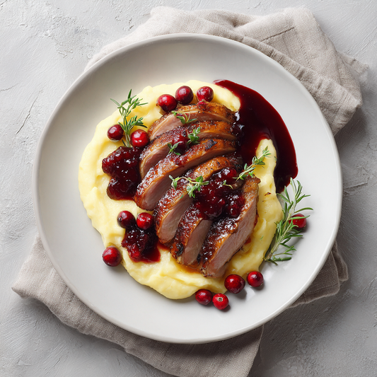 Pieczony filet z kaczki podawany z żurawiną i puree